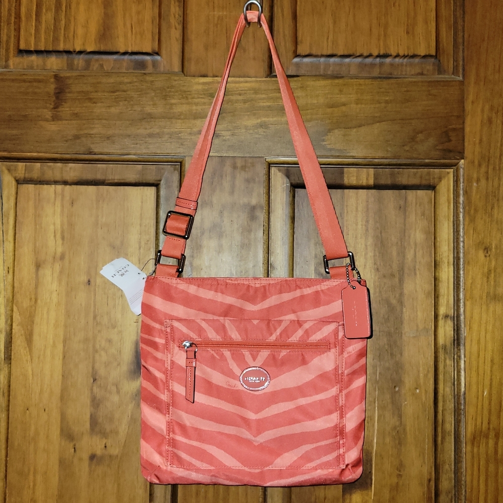 Coach Devin Zebra Pattern Nylon Getaway Crossbody File Bag F77541 Hot Orange